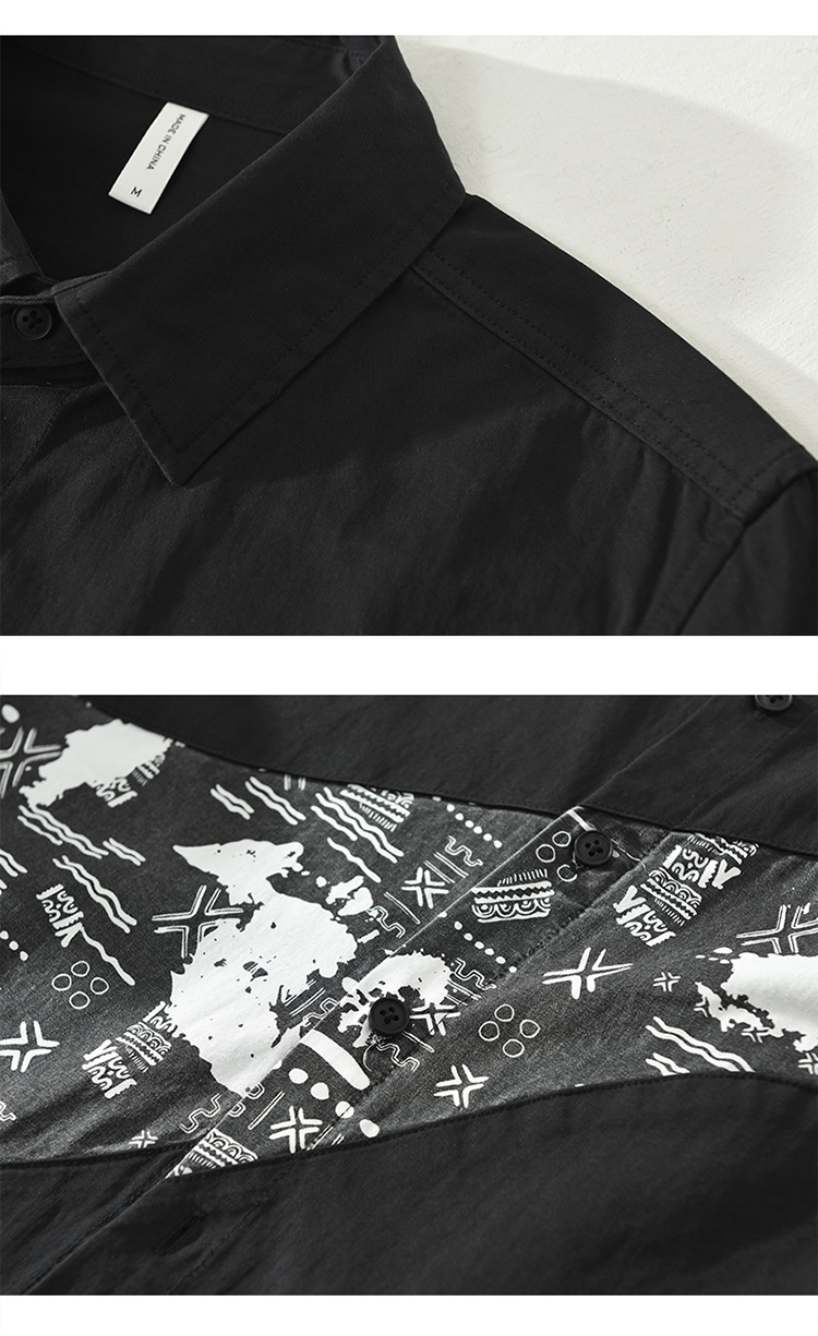 6732 Camicie a maniche lunghe da uomo in stile retrò giapponese, con stampe alla moda, cuciture, top casual larghi, una generazione._voghion.com