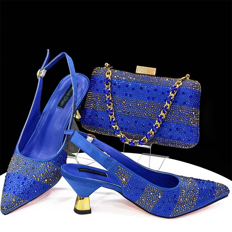 Shoe bag set combination with pointed striped rhinestones matching square handbag_voghion.com