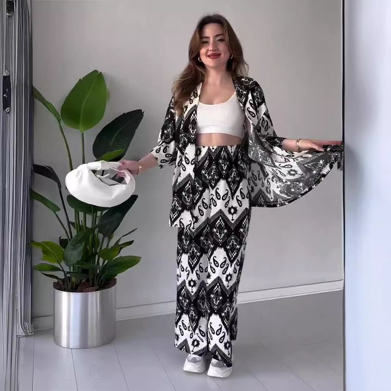 Women's Clothing  2024 new fashion printed mid sleeve cardigan wide leg pants two piece suit for women_voghion.com