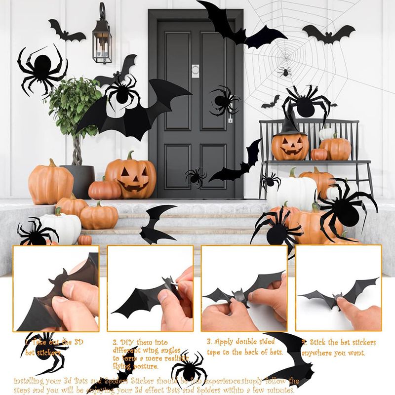 68 STK stor Halloween 3D edderkop og flagermus wallsticker kombination Halloween dekoration 3D sort flagermus klistermærke_voghion.com