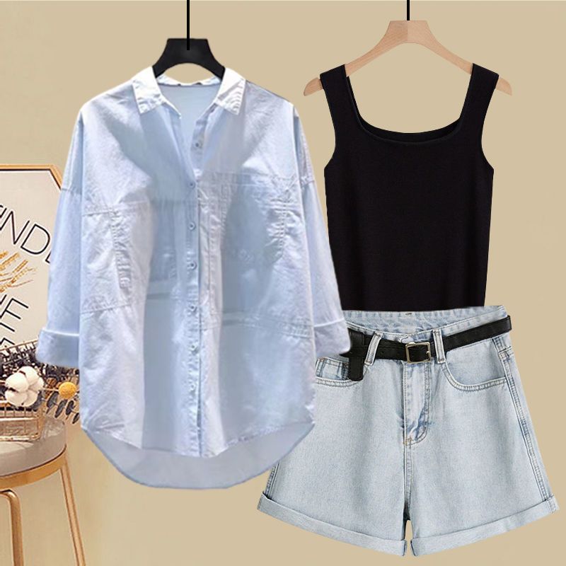 Ropa de mujer, tallas grandes, trajes de verano para mujer, novedad de 2024, camiseta con protección solar, chaleco, pantalones cortos vaqueros ajustados que combinan con todo, traje de tres piezas_voghion.com