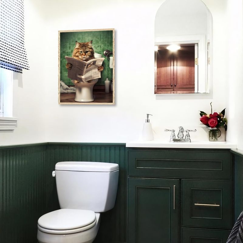 Cat Reading Newspaper In The Toilet Canvas With Frame And Frameless Art Wall Painting For Living Room Decoration_voghion.com