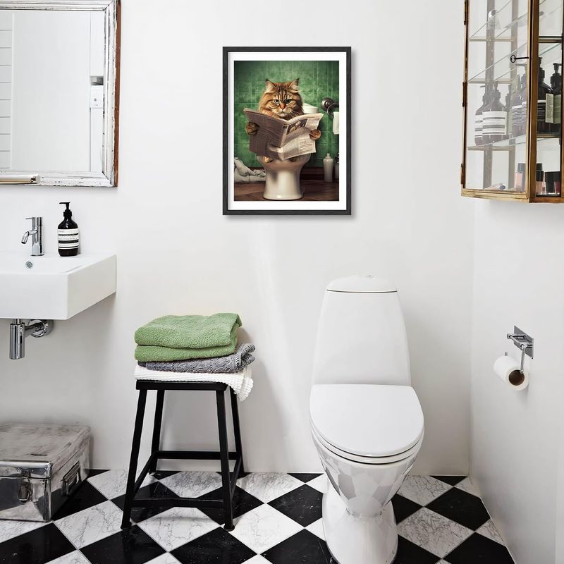 Cat Reading Newspaper In The Toilet Canvas With Frame And Frameless Art Wall Painting For Living Room Decoration_voghion.com