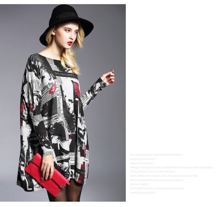 Pull ample mi-long à manches longues et imprimé bouche pour femme_voghion.com