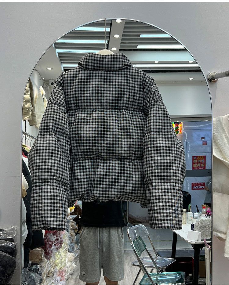 Women's Short Puffer Jacket With Houndstooth Pattern, Thickened Down Coat, Stand Collar, Oversized Fit, White Duck Feather Filling_voghion.com
