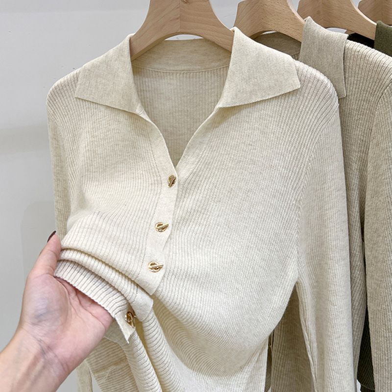 Women's Turn-Down Collar Knitted Long Sleeve Top - Soft Loose Fit Casual Blouse For Autumn & Spring_voghion.com