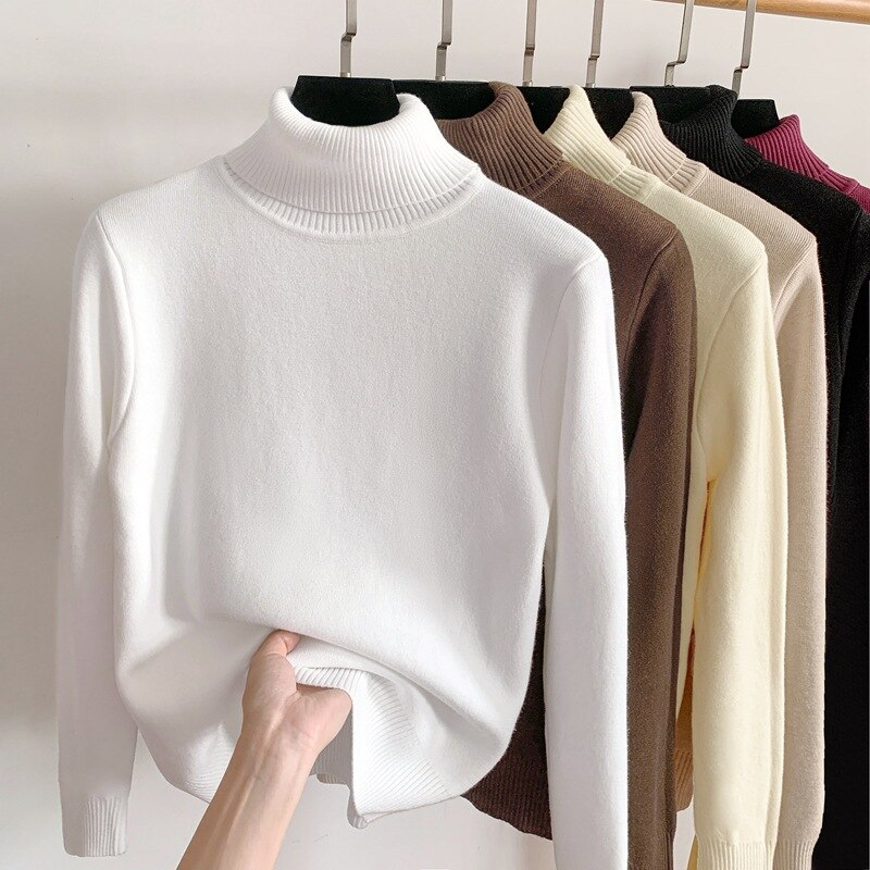 Pull femme automne hiver pull rembourré femmes chaud col roulé bas chemise couleur unie sous-vêtements hauts pulls_voghion.com