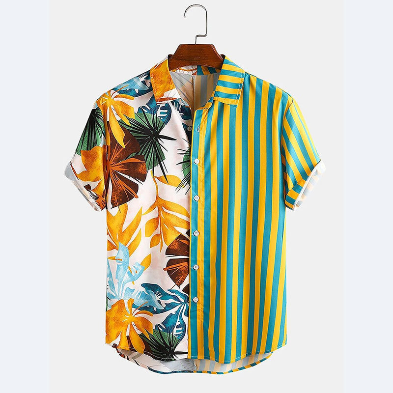 Camicia da uomo con risvolto a contrasto di colore Camicia a maniche corte con stampa patchwork a righe larghe in cocco da spiaggia_voghion.com