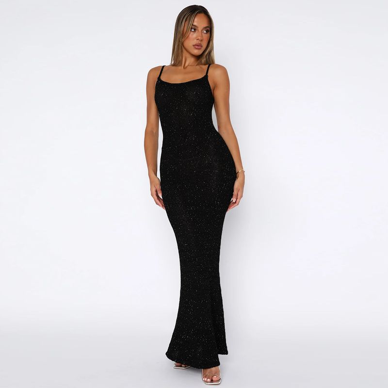 Sexy rückenfreies, figurbetontes Kleid mit Strassträgern – ärmelloses, langes Sommerkleid mit Schlitz für Frauen, dehnbare Clubwear aus Strick, elegant und lässig_voghion.com