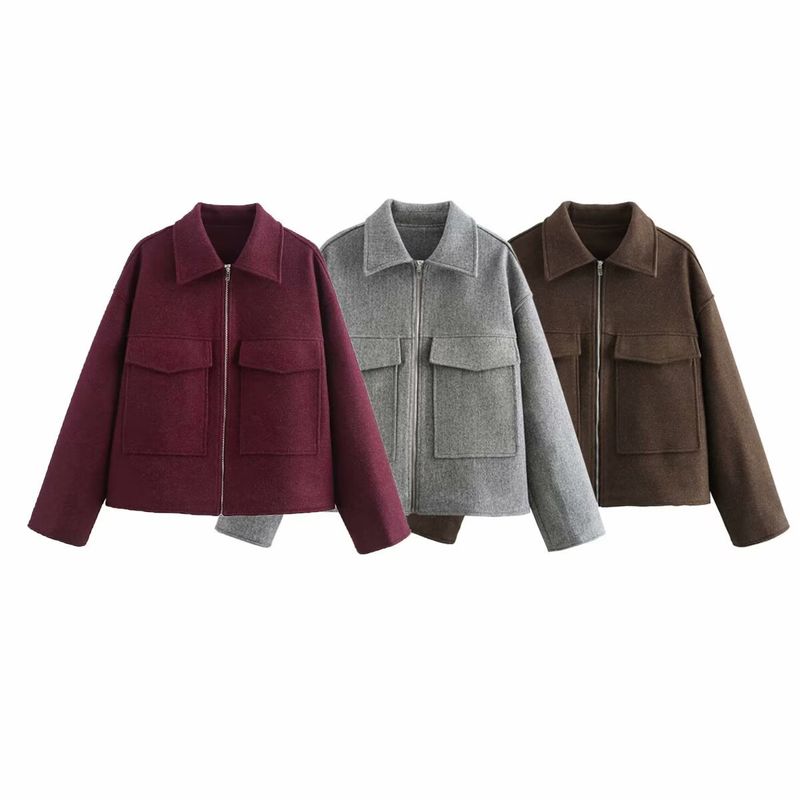 Trendige Jacke aus Wollmischung mit Reißverschluss – Stylischer Tweedmantel für Damen mit Taschen, Streetwear-Chic (Weinrot, Grau, Kaffeebraun, S-L)_voghion.com