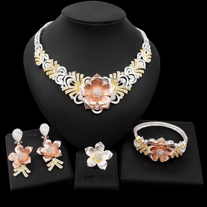 Dubai Diamond Real Gold Plated Necklace Earrings Bracelet Ring Alloy Jewelry Set_voghion.com