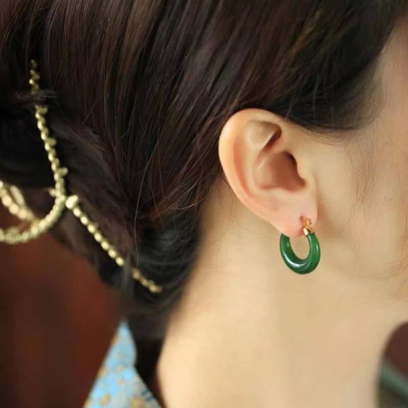 Chinese National Style Gold-Plated Drop Earrings - Natural Chalcedony & Green Jadeite-Inspired Design For Women (Ear Stud Base)_voghion.com