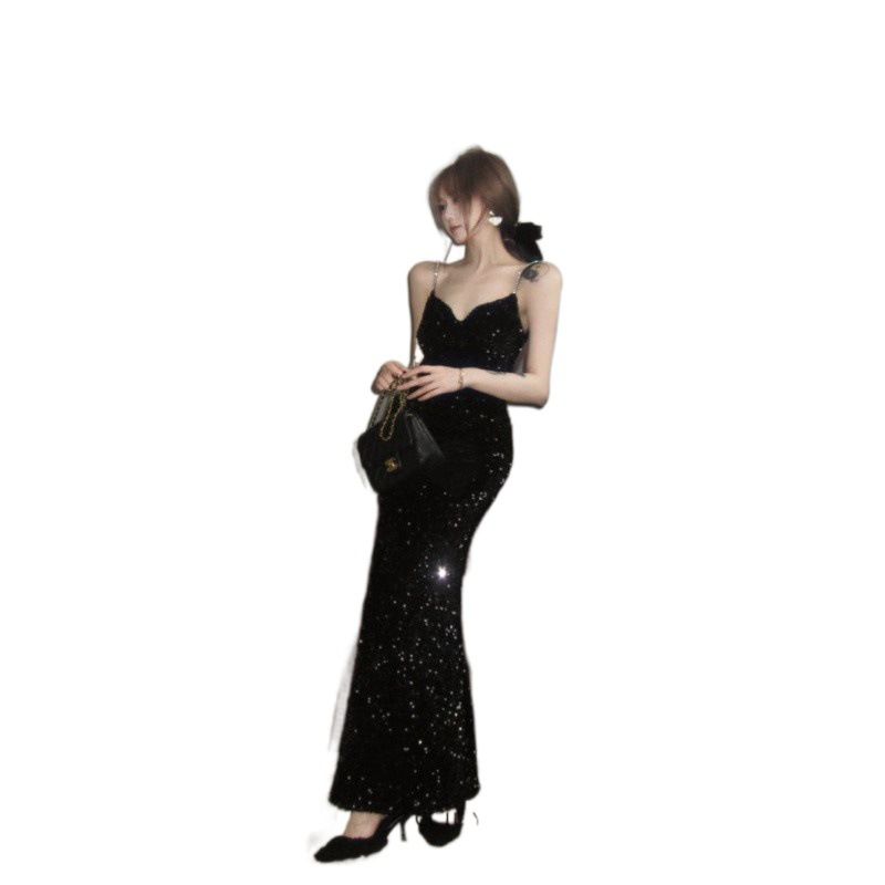 Sexy Schwarz Spaghetti Strap Pailletten Samt Für Frauen Frühling Basis Bodycon Meerjungfrau Langes Kleid Party Abendkleid_voghion.com