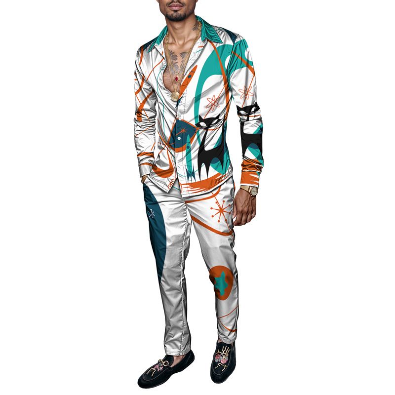 2025 Spring Summer Men Shirt Set Geometry Print Fashion Abstract Two Piece Set Mens Cat Lightweight Party Long Sleeves Suit Casu_voghion.com