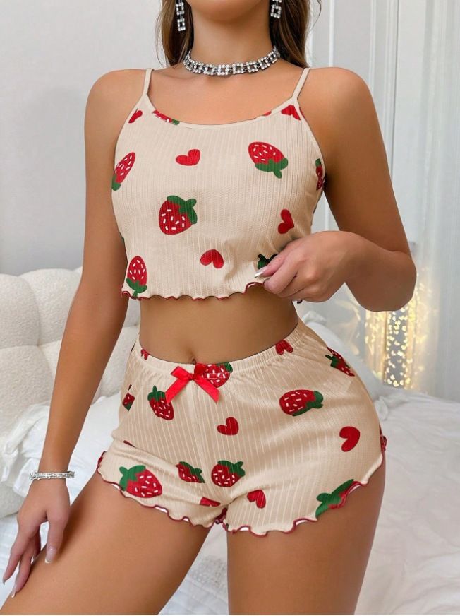 Zweiteiliges Set aus Camisole-Shorts mit Herz-Print und sexy Loungewear aus Milchseide_voghion.com
