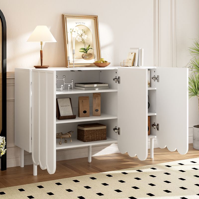 Buffet blanc moderne avec portes ondulées, 120 x 35 x 80 cm, design sans poignées, étagères réglables, meuble de rangement pour salon, couloir et salle à manger._voghion.com