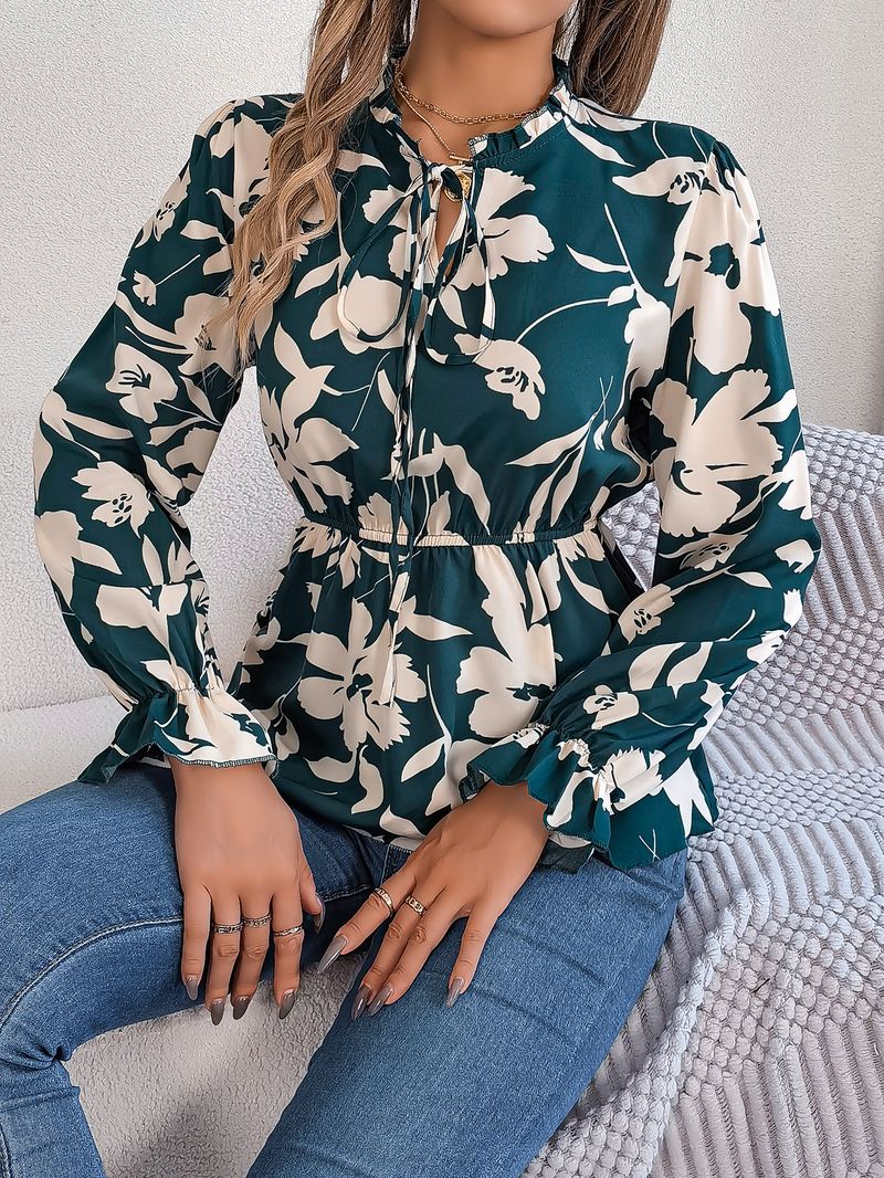 2025 herbst Winter Neue Casual Floral Lace-Up Langarm Chiffon Bluse frauen Mode_voghion.com
