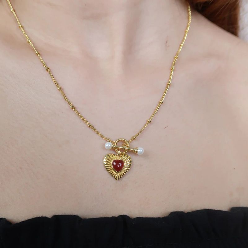 Collana elegante con ciondolo a forma di cuore da donna con agata rossa, catena in acciaio inossidabile, orecchini e anello coordinati, anello in stile minimalista Ins_voghion.com