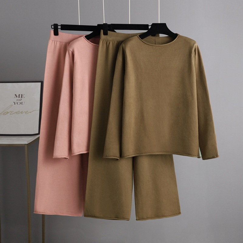 Pantaloni larghi lavorati a maglia da donna Set pantaloni casual maglione moda Temperamento due pezzi_voghion.com