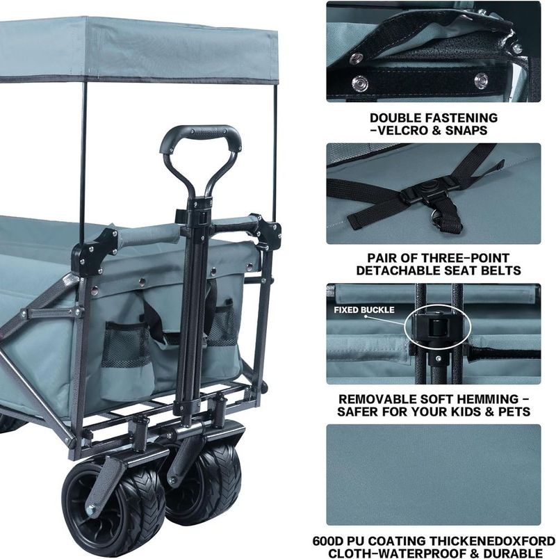 Collapsible Wagon Heavy Duty Folding Wagon Cart With Removable Canopy, 4" Wide Large All Terrain Wheels, Brake, Adjustable Handles,Cooler Bag Utility Carts For Outdoor Garden Beach_voghion.com