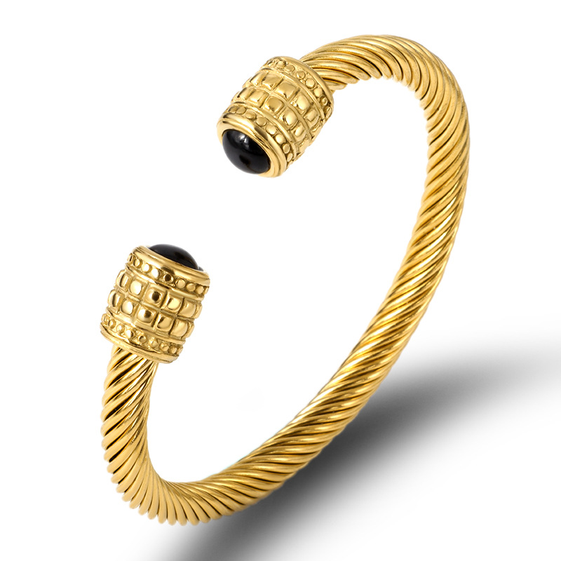 2PCS Hot selling titanium twisted room gold stainless steel wire rope cable bracelet,_voghion.com