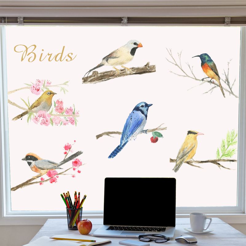 Pegatinas de pared autoadhesivas para decoración de ventanas, de PVC, N1794, con ramas de árboles y 6 pájaros en estilo nórdico_voghion.com