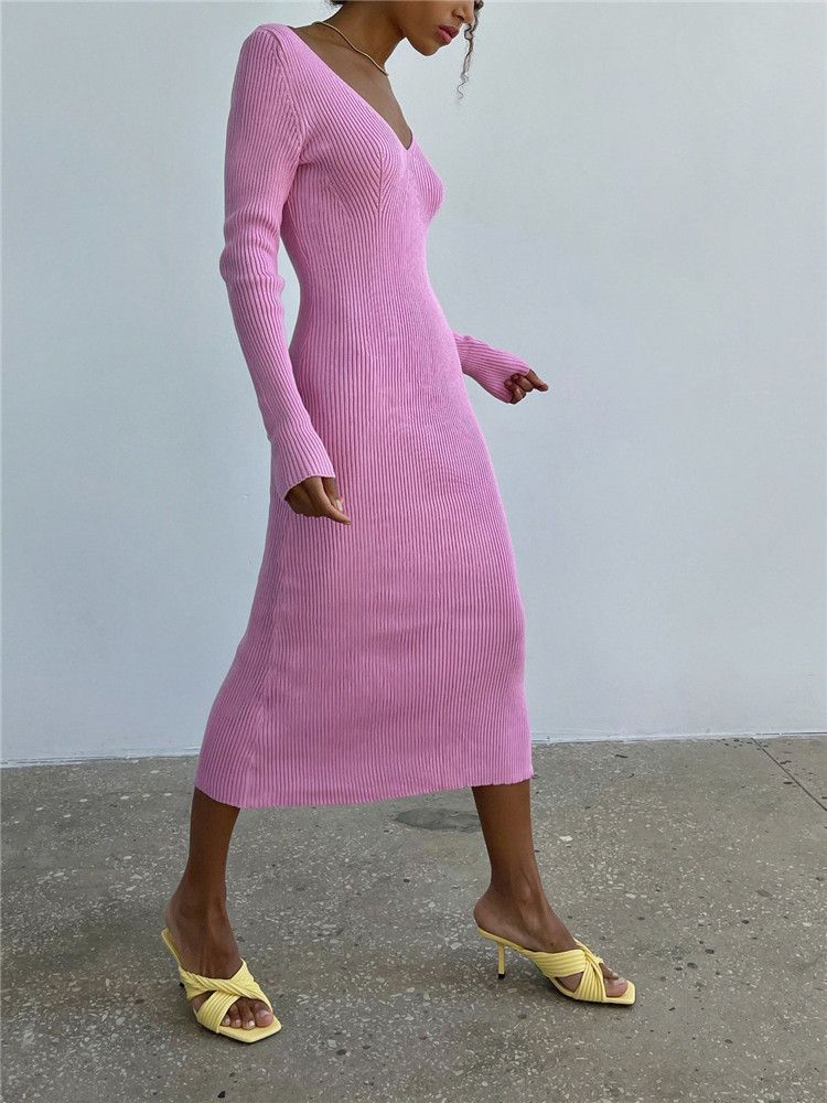 Gonna lunga da donna in maglia a maniche lunghe sexy sottile con scollo a V europeo e americano, autunno e inverno, fondo a coste, alla moda, tutto abbinato_voghion.com