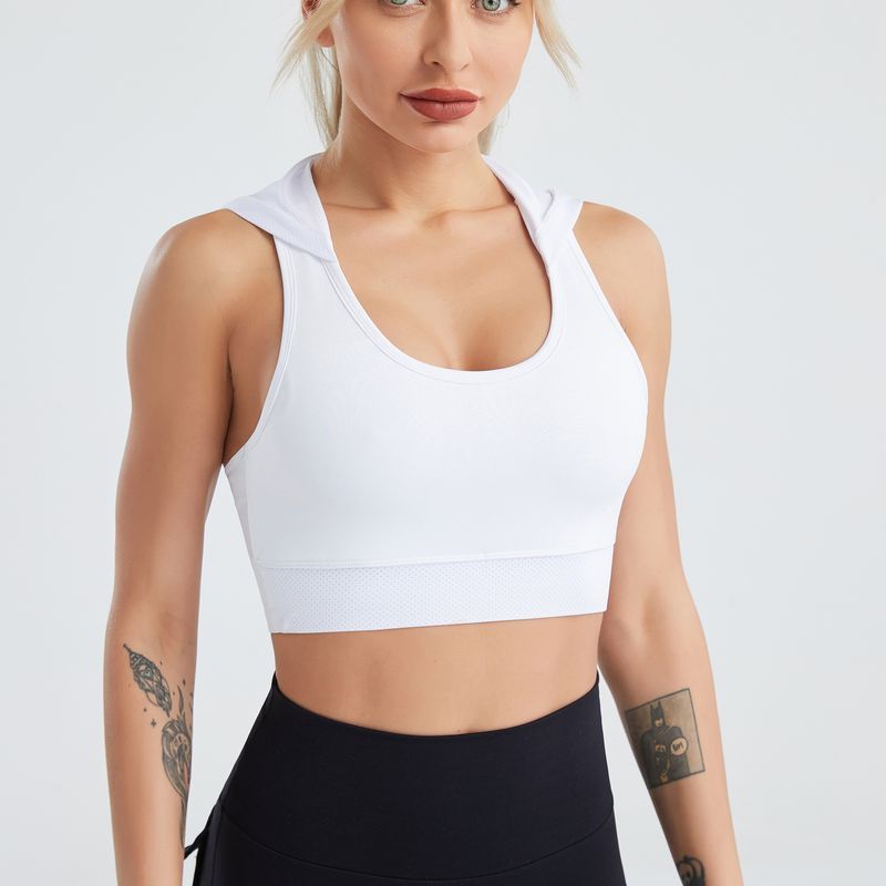 Cross-border hooded yoga wear for women summer mesh breathable quick-drying vest running nude sports bra with chest pads_voghion.com