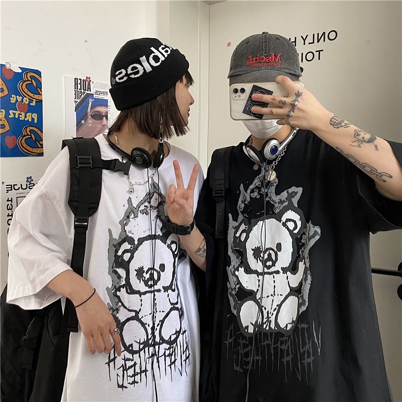 Men's Clothing summer new fashion brand pure cotton bear cartoon print men's Korean loose short sleeved T shirt men's couple wear_voghion.com