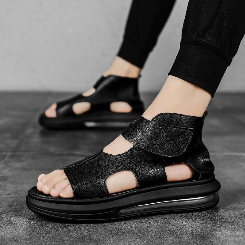Roman Trendy Sommer Atmungsaktive Neue Modenschau Dickbesohlte High Top Herrensandalen aus Mikrofaserleder_voghion.com