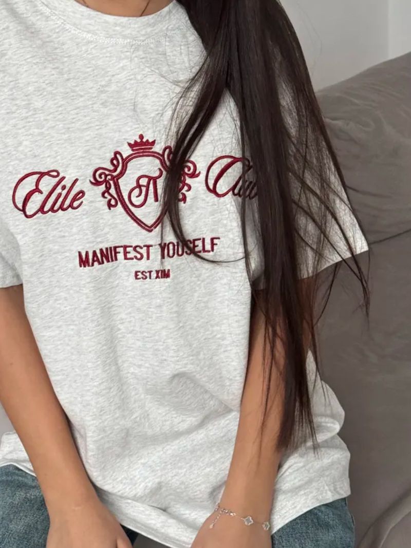 Damenbekleidung T-Shirt Tops Für Frauen Im Sommer Freizeit Lazy Letters Stickerei Drop Shoulder Rundhalsausschnitt Kurze Ärmel Für Frauen_voghion.com