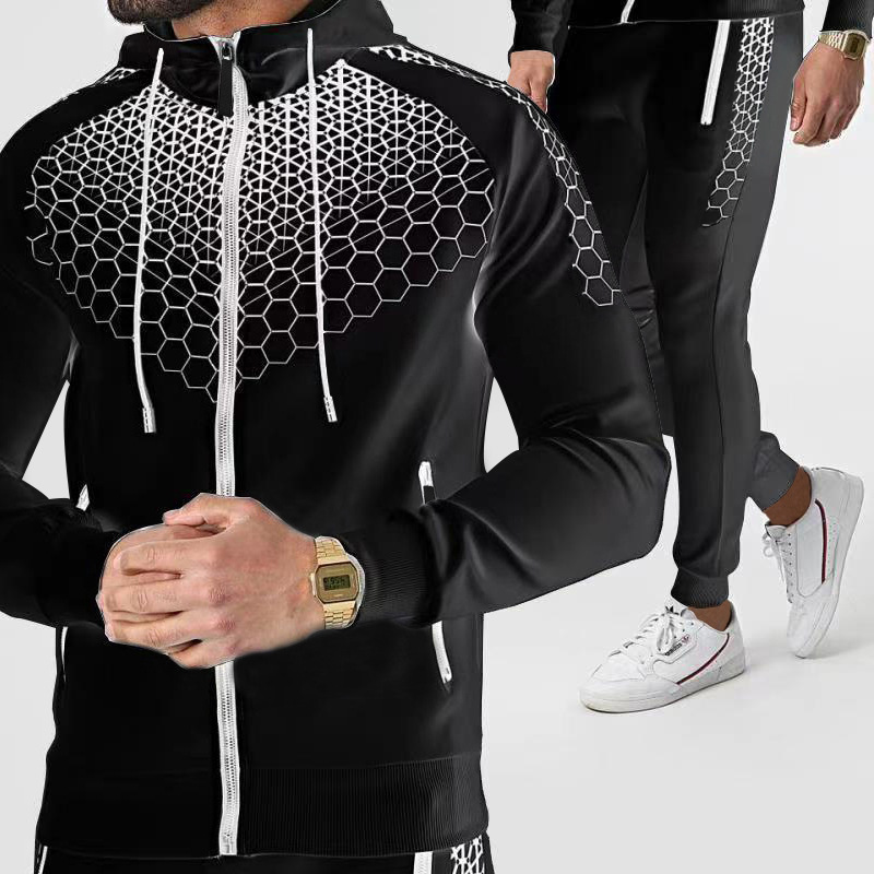 Hochwertiger modischer 3D-Sportanzug für Herren im Frühjahr und Herbst. Neuer langärmeliger Reißverschluss-Kapuzenpullover + Jogginghose, 2-teiliges Set_voghion.com