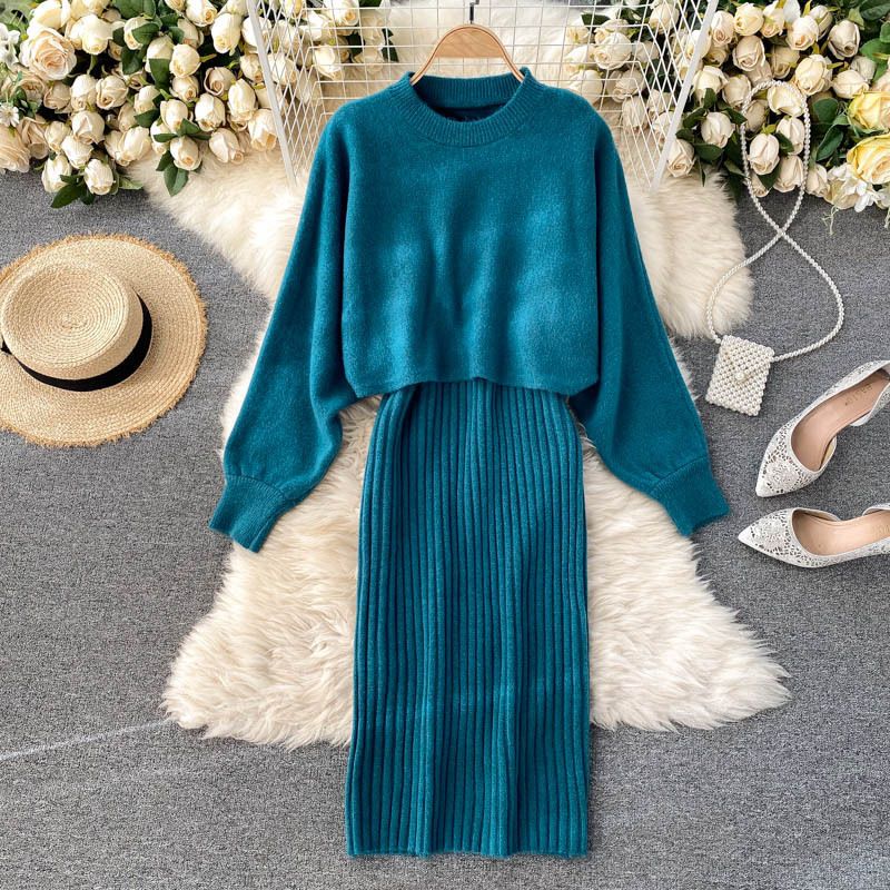 Ensemble robe en tricot à manches chauve-souris surdimensionnées – Pull décontracté à manches longues et robe midi (taille unique) – Mélange doux d'acrylique et de nylon_voghion.com