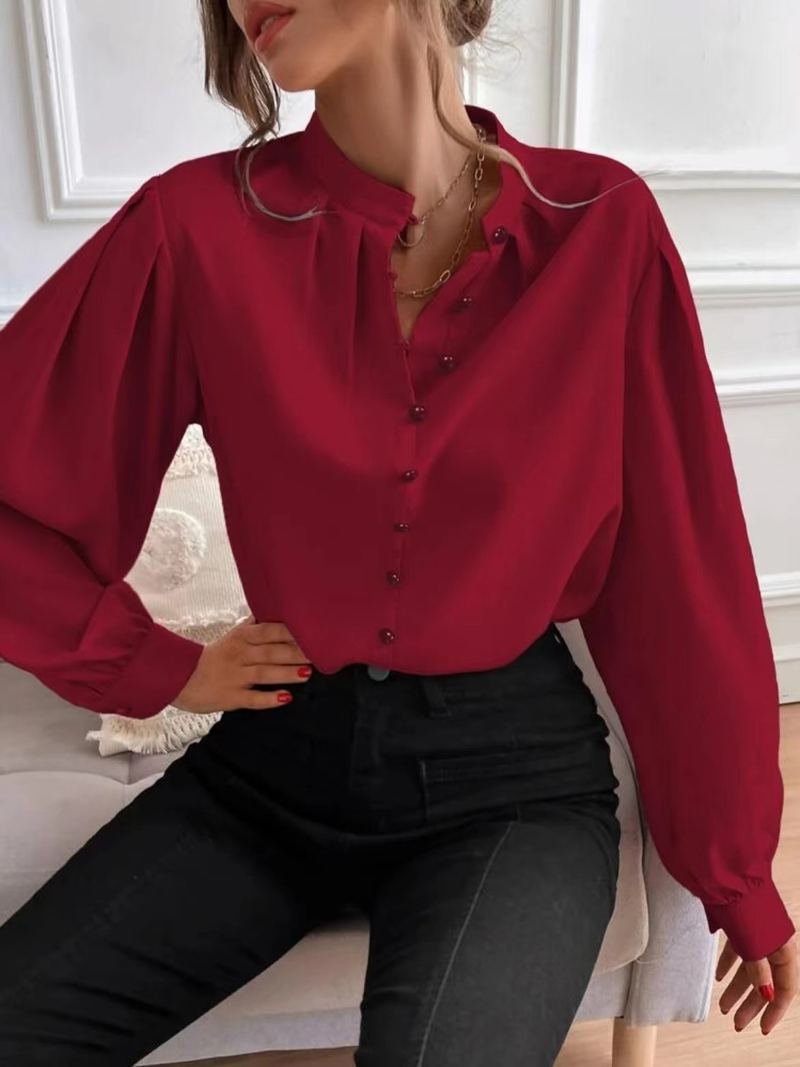 Women's Shirts Solid Color Lapel Long Sleeve Single-row Button Loose Women's Top_voghion.com
