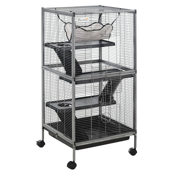 PawHut Large Metal Small Animal Cage With Hammock 4 Tiers & Removable Tray Gray Extra Space For Ferrets Chinchillas_voghion.com