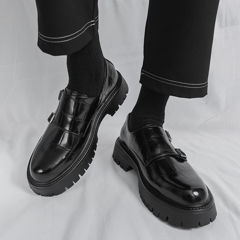 Euro Step 2025 Autumn New Large Double Needle Buckle Loafers For Men 38-46 Size Patent Leather Glossy Thick Heel Height Increasing_voghion.com