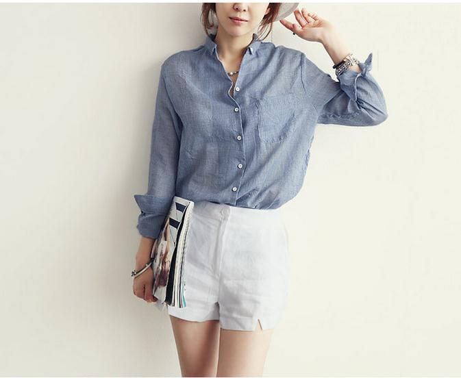 Abbigliamento da donna Camicie casual Maniche lunghe Camicie larghe e sottili da donna Camicia casual in lino Manica lunga Vestibilità ampia Leggera Protezione solare Top_voghion.com