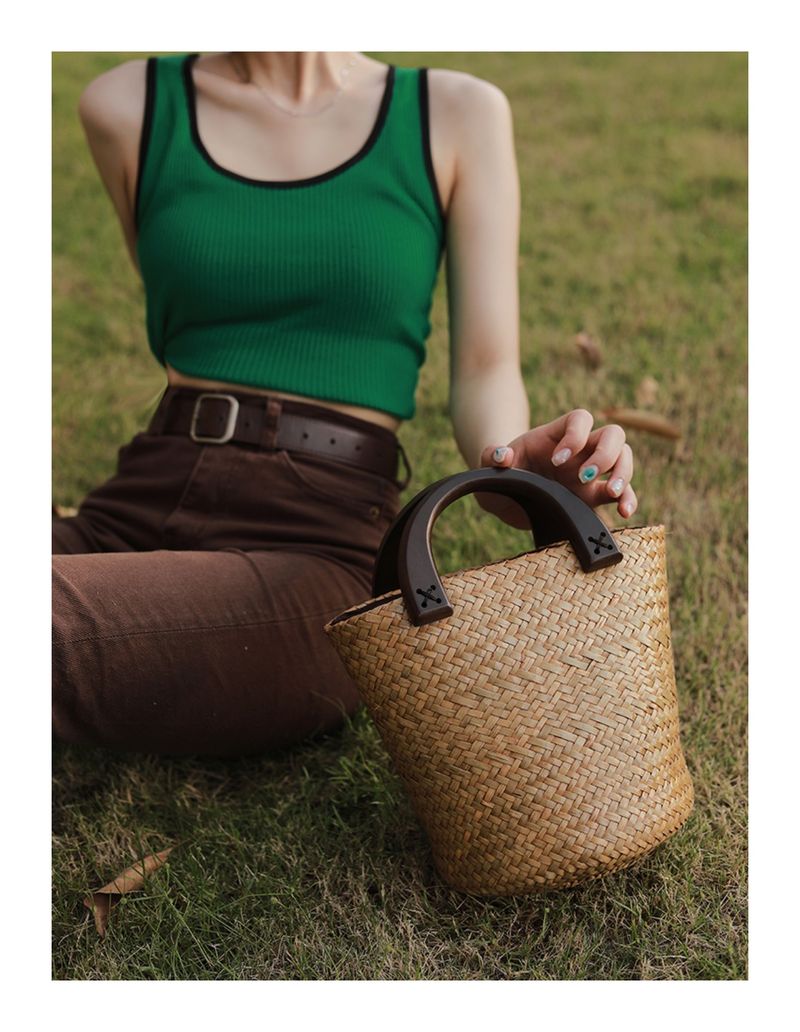 Plážová taška Vine Thai Grass, francouzská tkaná, kabelka, dřevěná rukojeť, velkokapacitní dámská taška_voghion.com