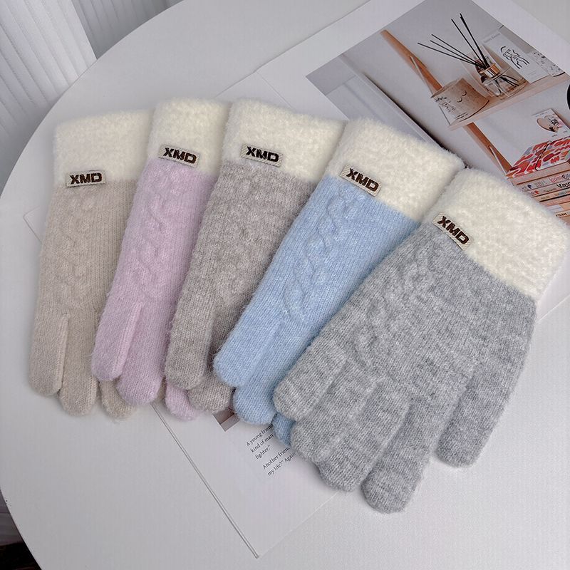 Gants d'hiver pour femmes, chauds et résistants au froid, en laine tricotée, cinq doigts, antigel, écran tactile, protection complète des doigts_voghion.com