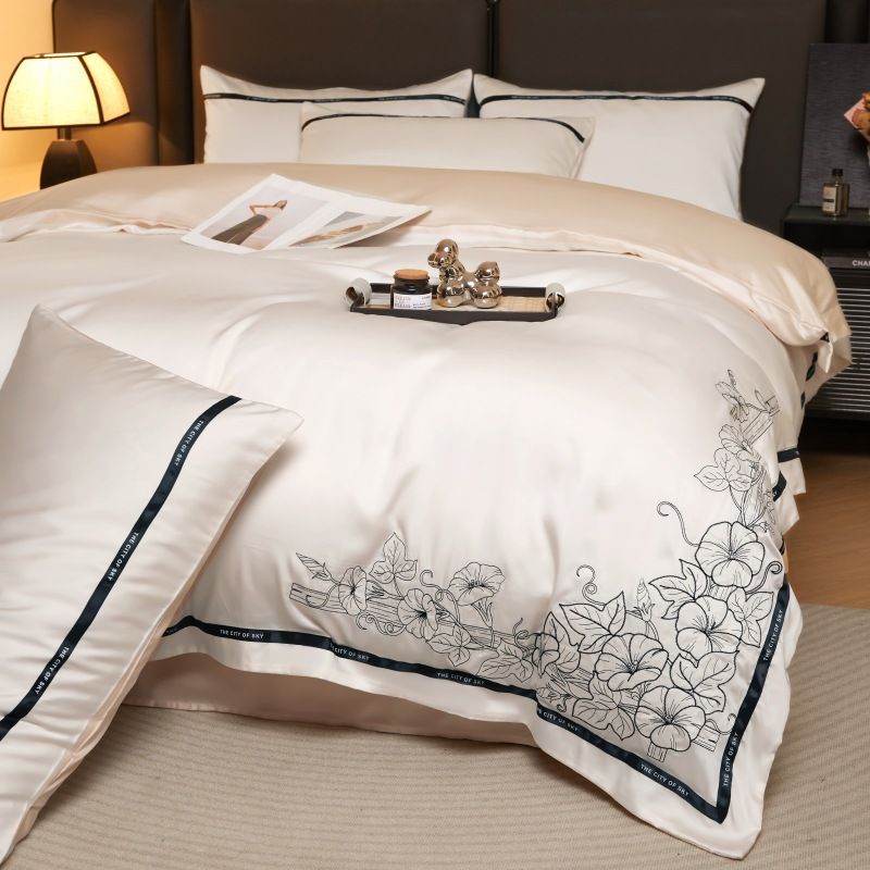 2024 New Luxury Washed Ice Silk Four-Piece Set Silky Cool Embroidered Bedding Summer Bed Sheet_voghion.com