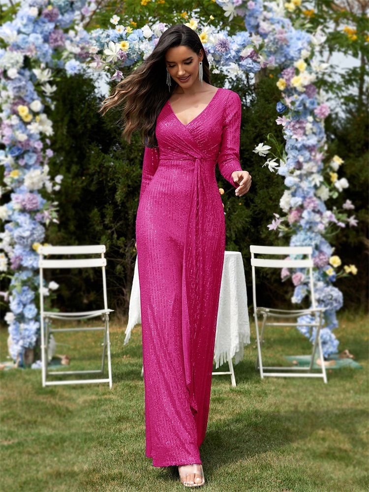 Abito da sera a sirena con scollo a V e maniche lunghe da donna_voghion.com