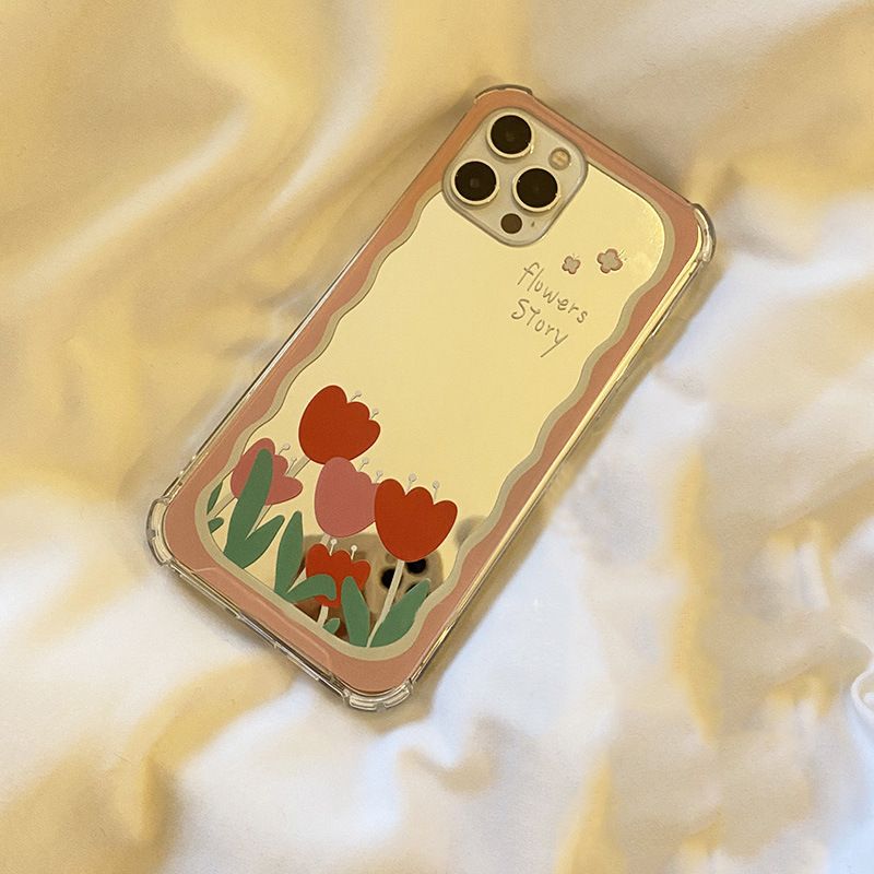 Tins Early Spring Tulip Makeup Mirror Mirror Phone Case Suitable for 15/14/13/12/11/X Series_voghion.com