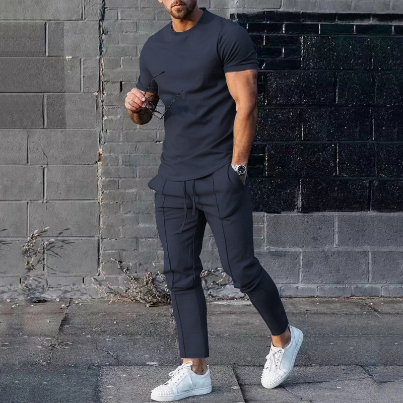 Men's Solid Color Casual Round Neck Short Sleeve Sports T Two-piece Suit_voghion.com