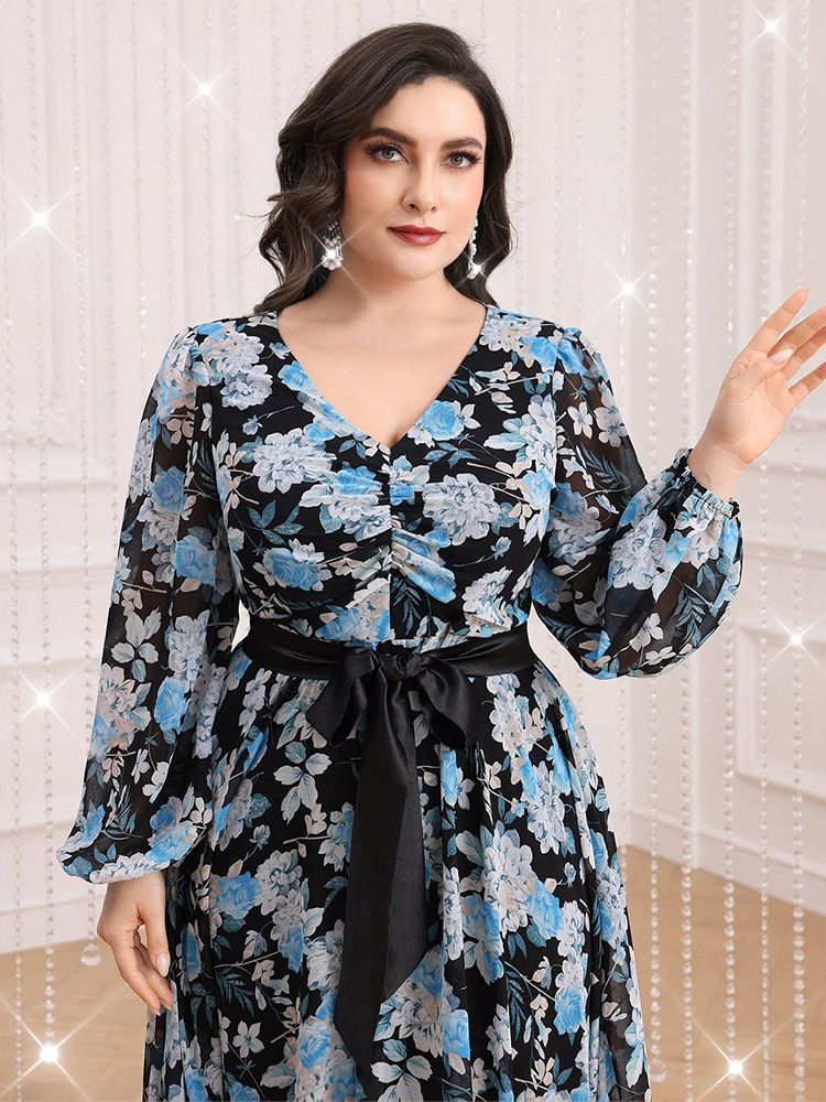 Vestido longo elegante de chiffon com decote em V, tamanho grande, com estampa floral e cinto para convidadas de casamento ou ocasiões formais_voghion.com