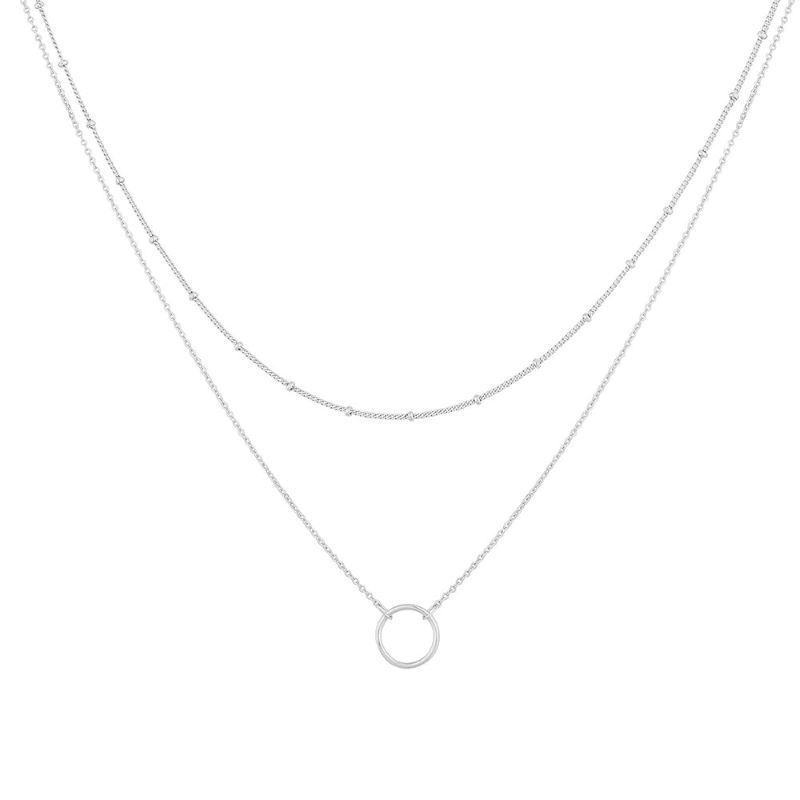 hot selling clavicle chain retro simple ring double layer necklace copper bead chain circle pendant necklace_voghion.com
