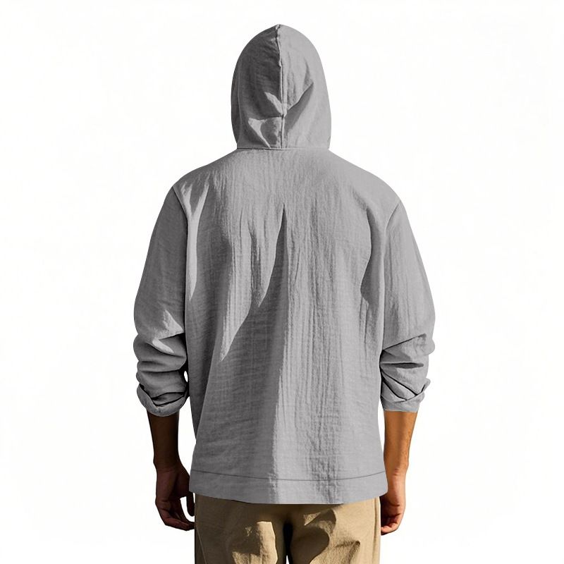 Spring And Autumn American Loose Men's Loose Linen Casual Simple Beach Hooded Long Sleeve Shirt Men_voghion.com