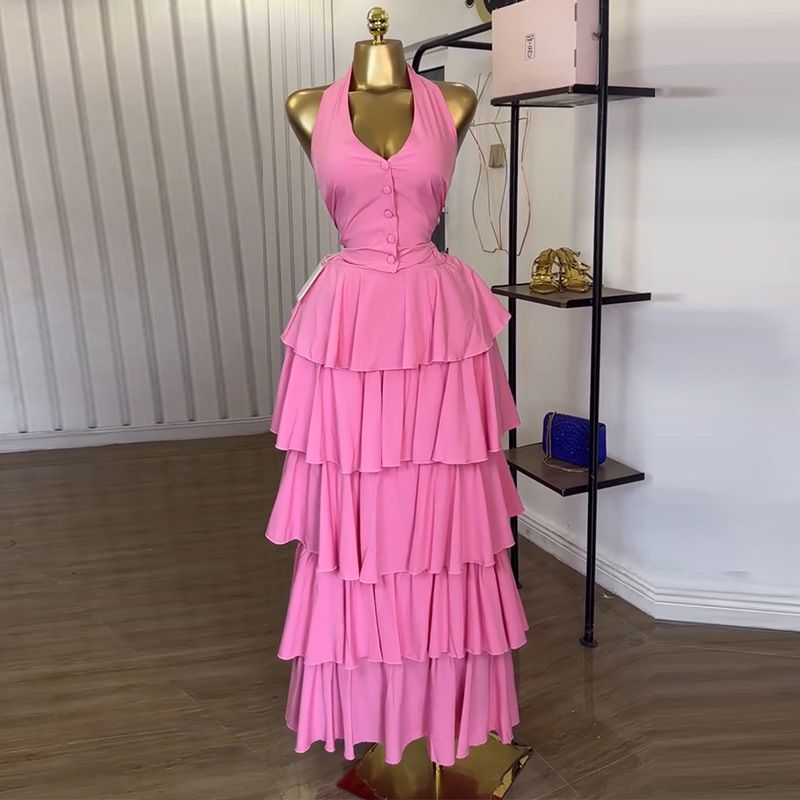 Vêtements pour femmes d'été, nouvelle collection douce et fraîche, gilet à col licou, jupe taille haute, costume deux pièces_voghion.com