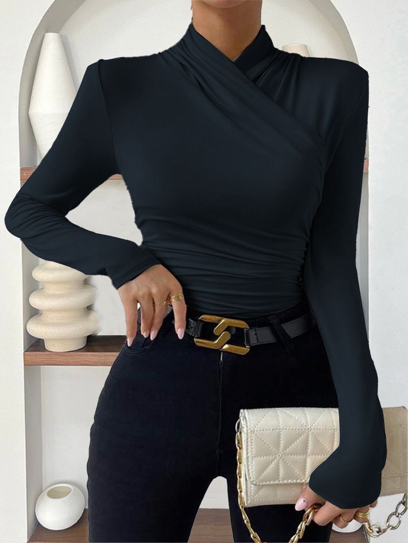 Evropský a americký přeshraniční svetr Podzimní a zimní nový design Sense Cross Colour s dlouhým rukávem Slim All Match Jednobarevné skládané tričko_voghion.com
