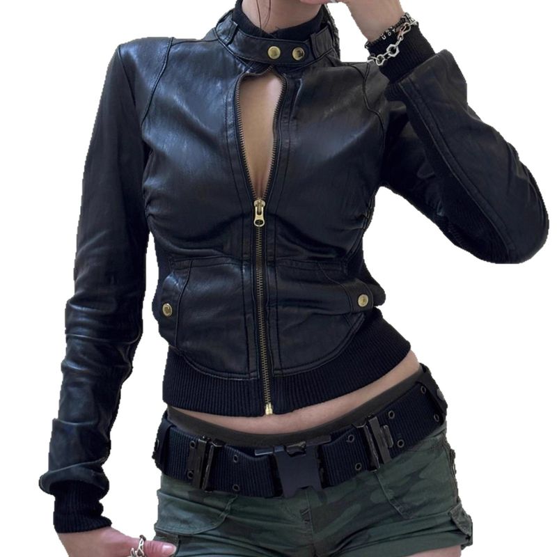 Veste courte en cuir PU style streetwear américain, cintrée à la taille, col montant, cardigan zippé décontracté pour fille tendance_voghion.com