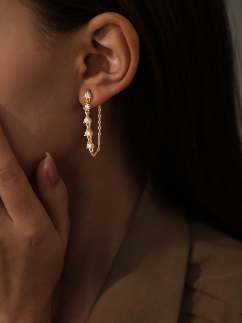 Hot Sale Brass Real Gold Plated Fashionable Personality Front And Back Wear Style Zircon Pearl Tassel Earrings_voghion.com